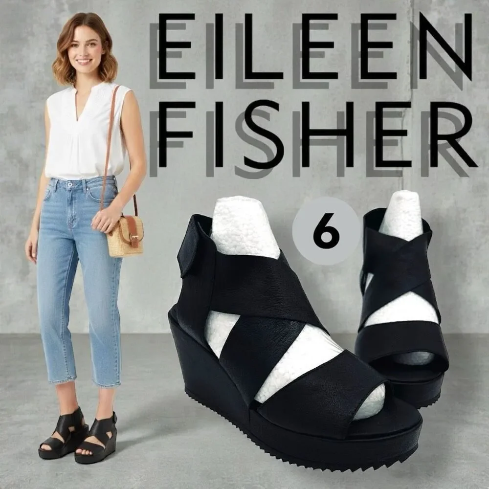 Eileen Fisher Women's Whimsy Leather Wedge Heel Platform Sandals Black Size 6